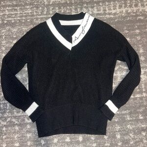 Black V-Neck Sweater with White Trim